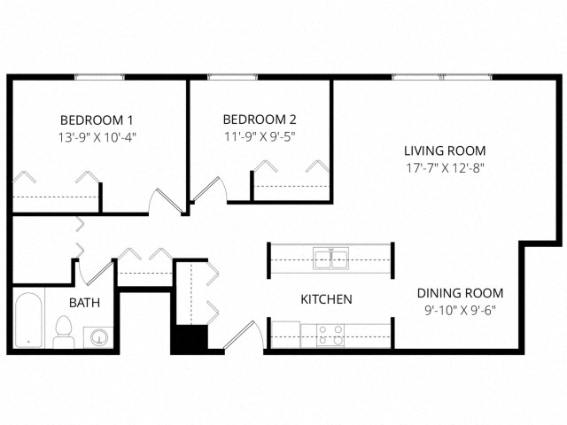 Floor plan for 2 beds, 1 bath, 900 sqft